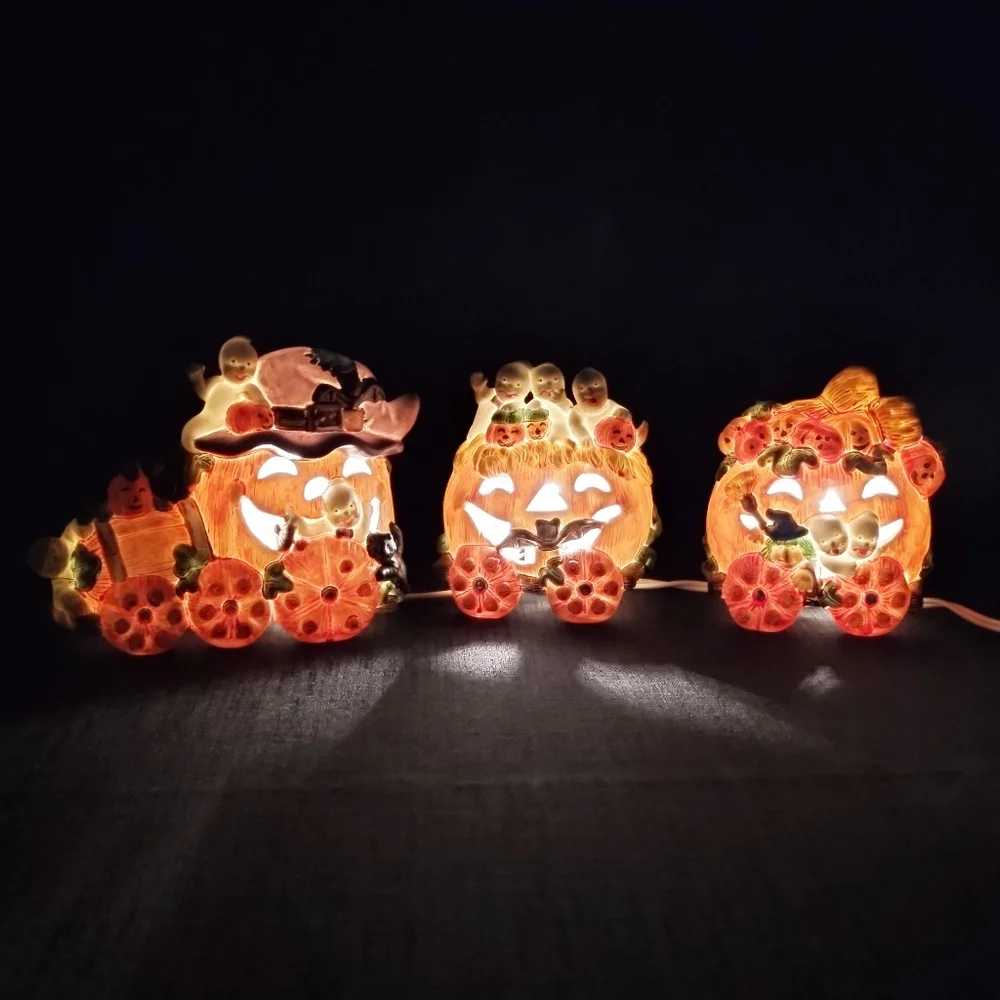 Vintage Ceramic Spooky Halloween Pumpkin Jack O Lantern Train String Lights